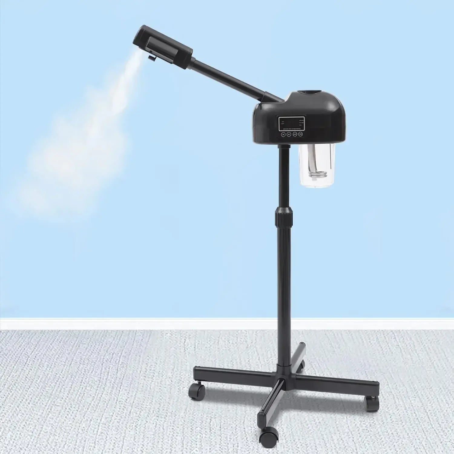 Black portable professional facial steamer with adjustable height, LCD screen, and rolling wheels for salon or home use.