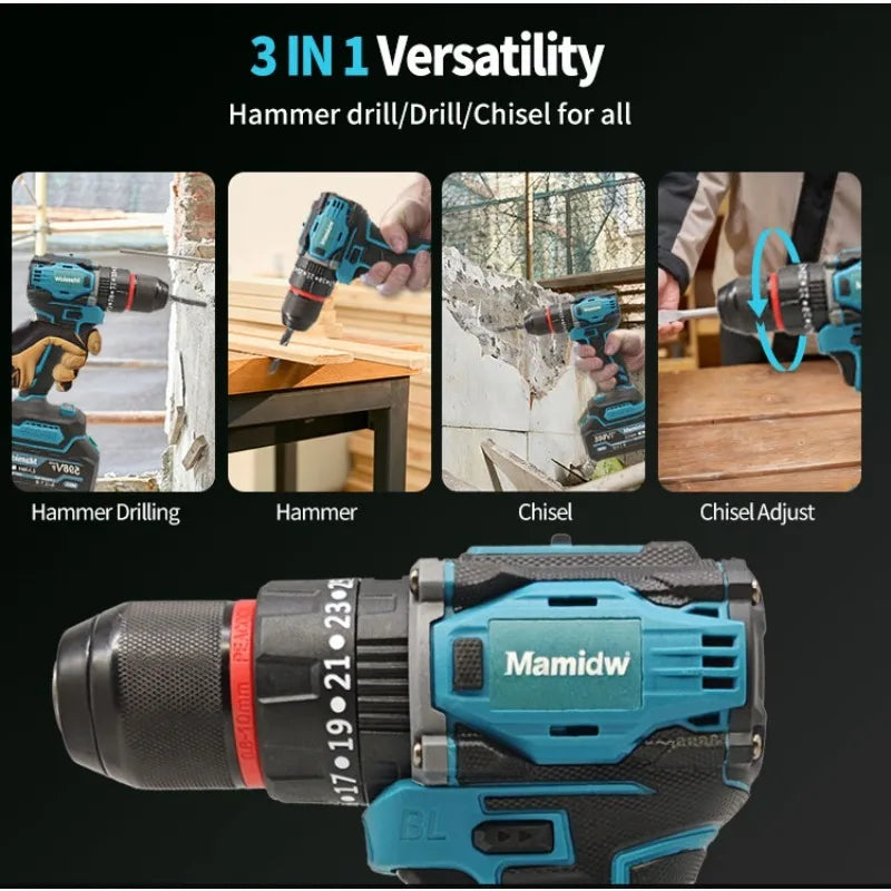 Mamidw Brushless Lithium Electric Drill 1850RPM High Speed Cordless Power Drill for Metal Wood Drilling Furniture Screw Fastening