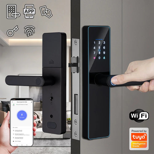 Black WiFi smart door lock with keypad, fingerprint reader, and lever handle for wooden doors