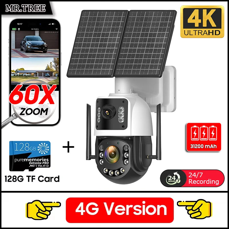 MR.TREE 4G solar security camera kit with dual solar panels and 128GB TF card