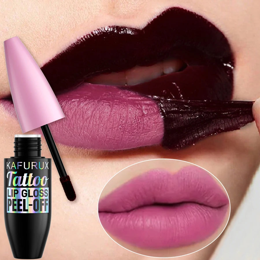 Kafurux peel-off lip gloss with dark wine stain effect, showing creamy pink matte lipstick finish on lips.