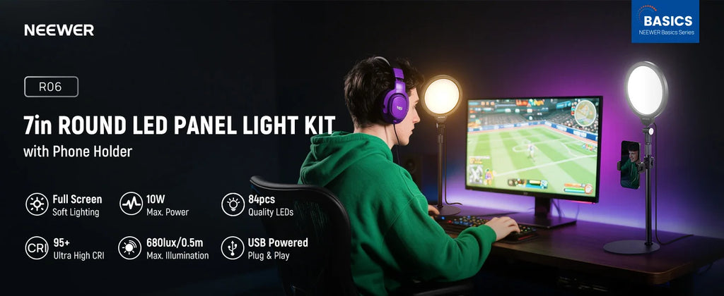 7-inch round LED panel light kit with adjustable stand and phone holder, providing soft illumination for gaming setups.