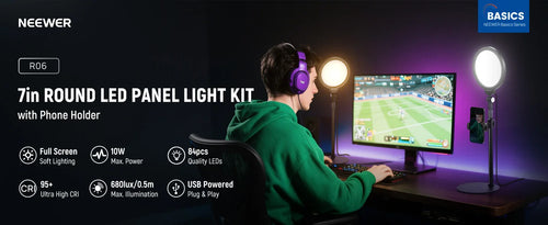 7-inch round LED panel light kit with adjustable stand and phone holder, providing soft illumination for gaming setups.