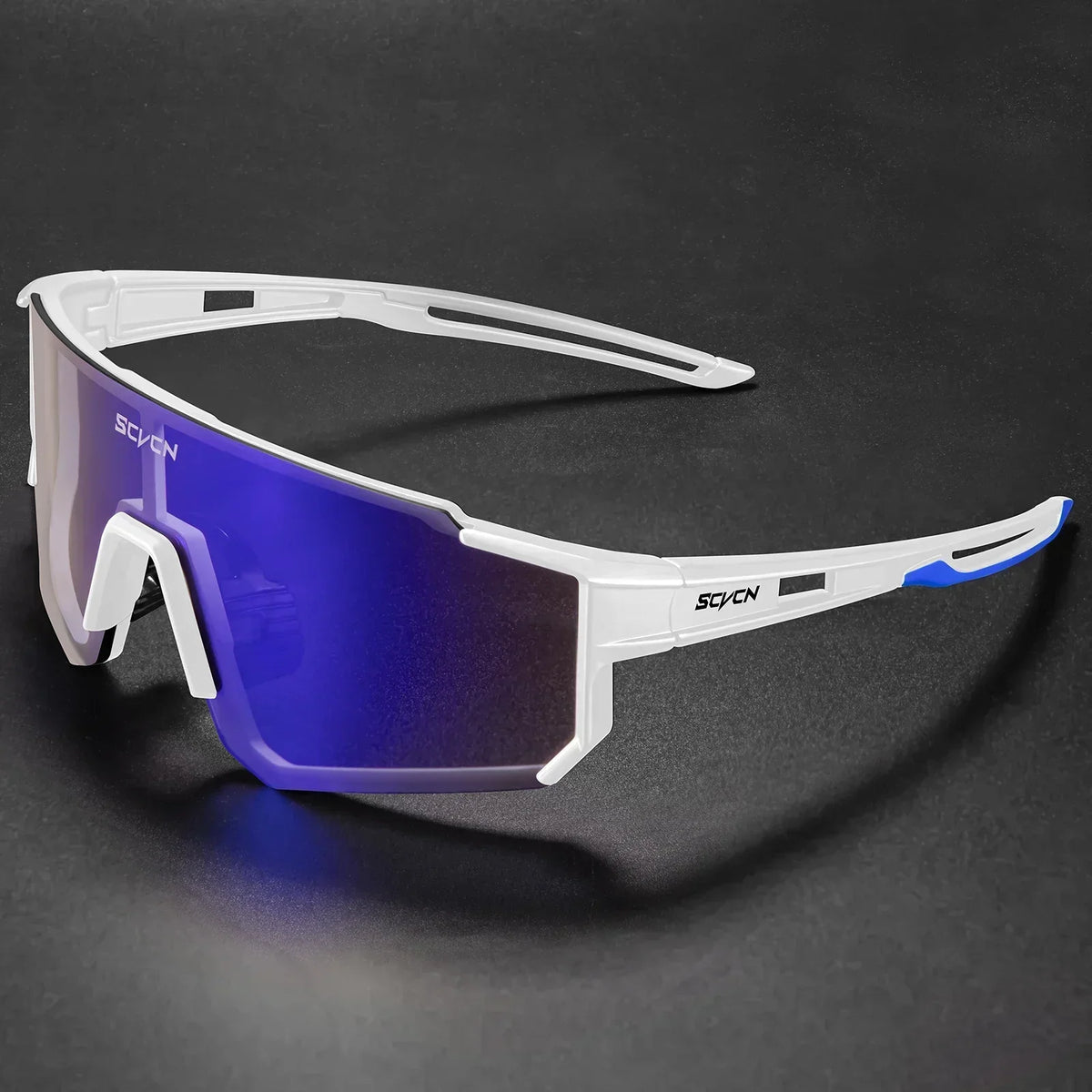 White cycling sunglasses with blue-purple mirrored lens and wraparound frame