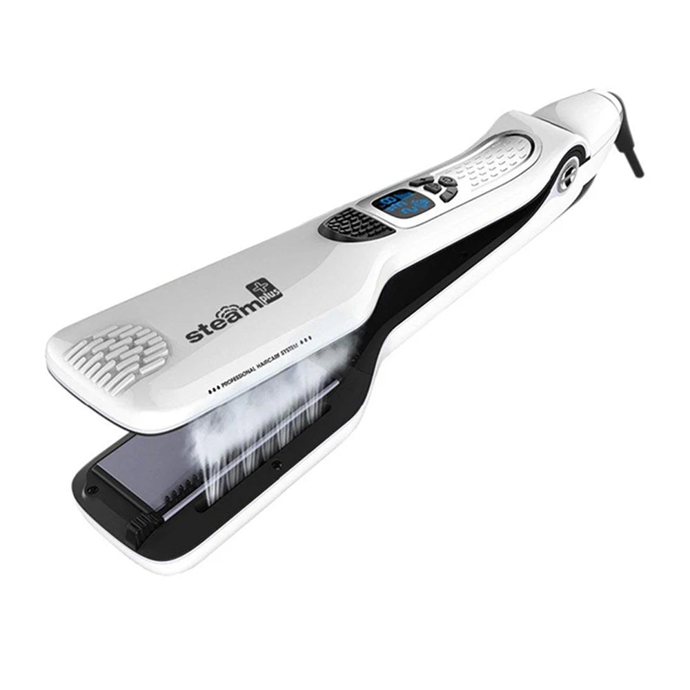 White steam hair straightener with LCD temperature display and integrated steam vents for professional hair styling.