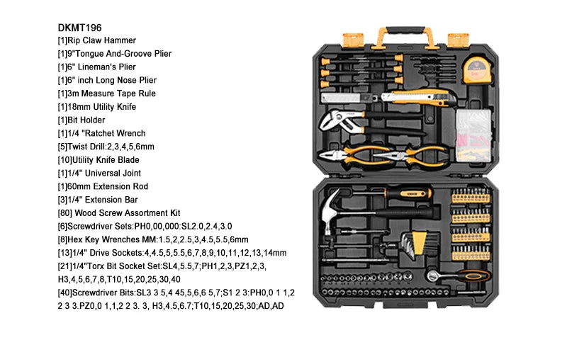 DEKO DKMT196 tool kit case with assorted sockets, pliers, utility knife, and wrench