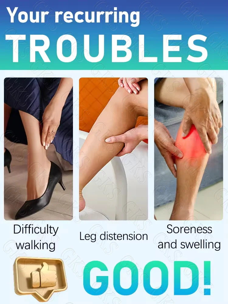Three panels showing leg discomfort from walking, distension, and swelling, with a thumbs-up icon below.