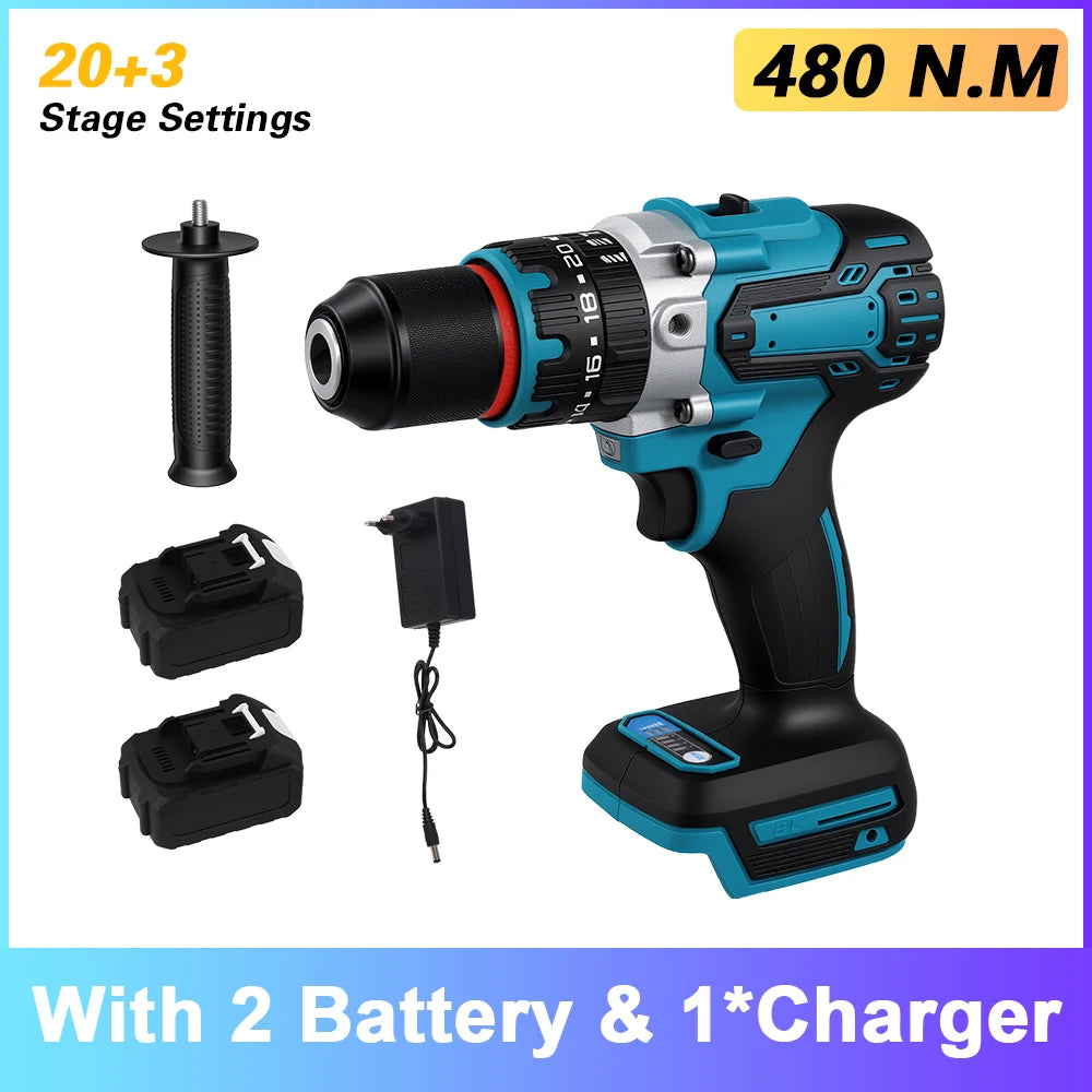 Podofo Brushless Electric Screwdriver Cordless Impact Drill Multi Function Power Drill 3 In 1 Hammer Drill Screwdriver Flat Drill 20+3 Torque For Steel Wood Concrete Drilling