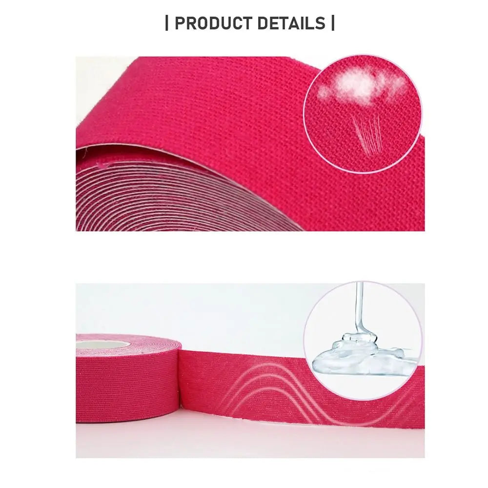 Roll of hot pink, fabric-textured Japanese face-lifting tape, showing adhesive backing and detailed weave.