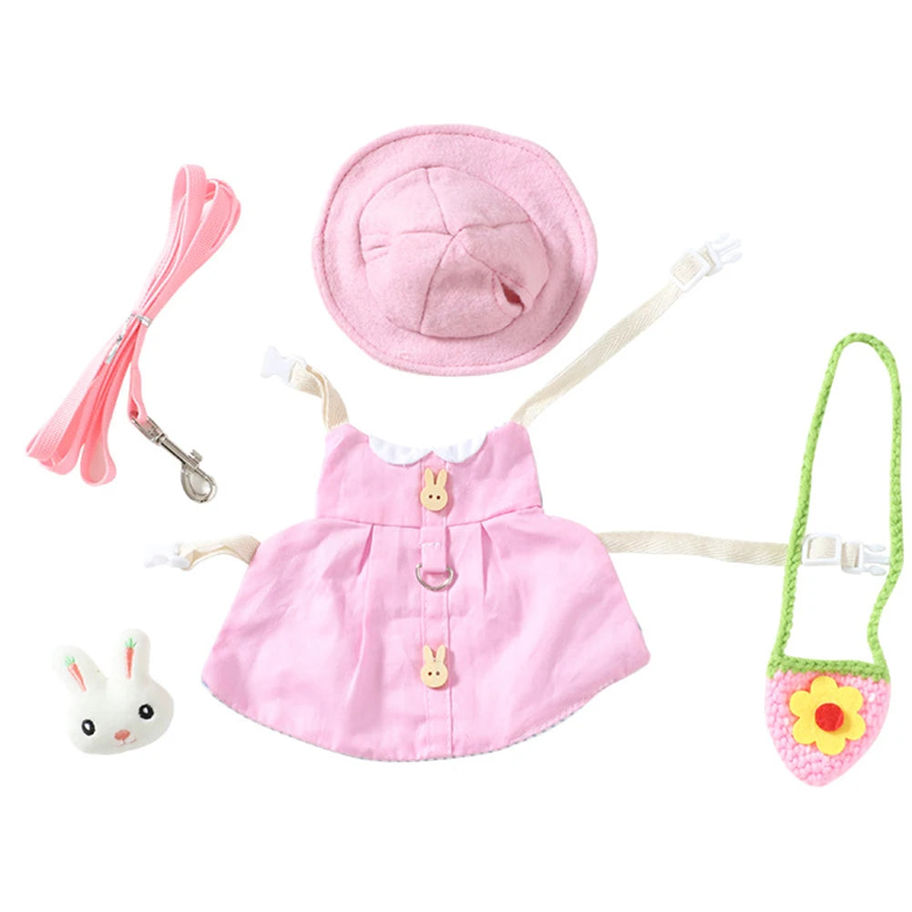 Pink rabbit dress harness set with hat, bag, and leash for comfortable outdoor walks for small pets like guinea pigs.