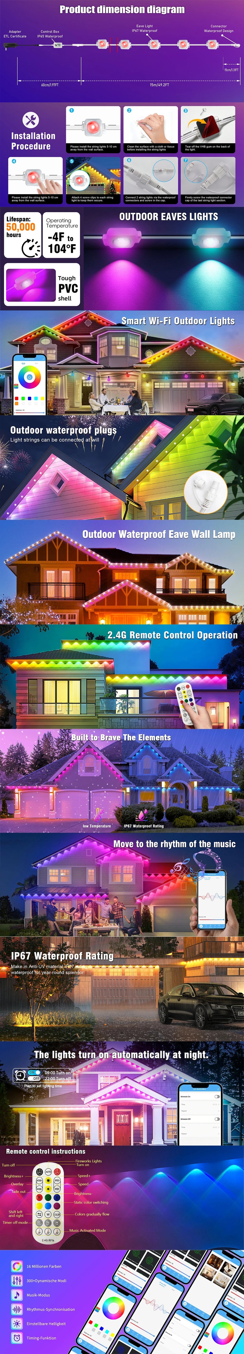 LED Permanent Outdoor Lights IP67 Waterproof RGBIC Eave Lights With Remote for Christmas New Year Roof DIY Holiday String Light