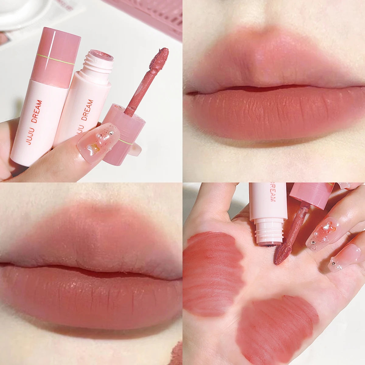 JUJU DREAM matte lip glaze in soft muted pink, showing non-stick velvet texture, doe-foot applicator, and lip swatch.
