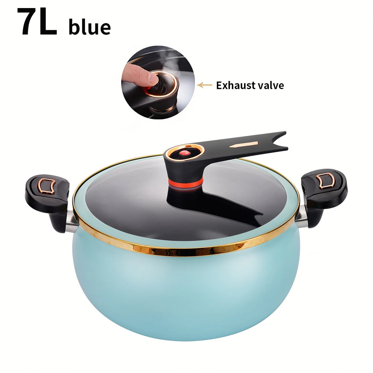 7L sky blue pressure cooker with black lid, side handles, and top exhaust valve