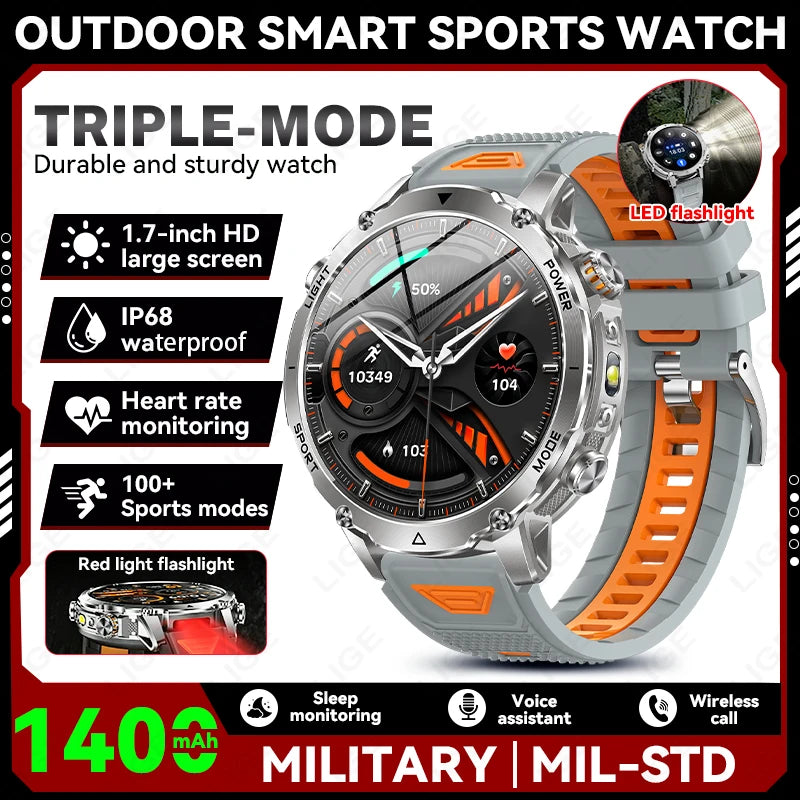 Silver smartwatch with round display and orange accents on silicone sports strap