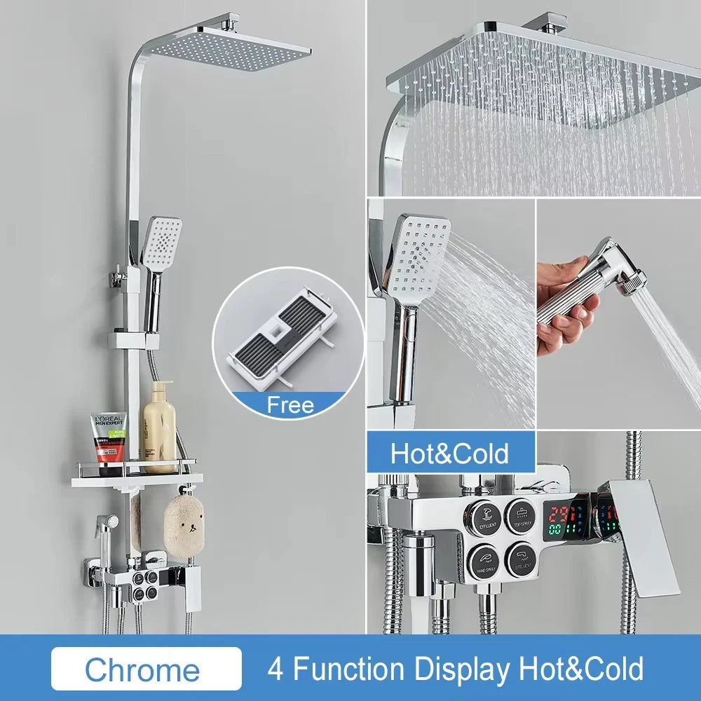 Thermostatic Display Screen Shower Faucet Bathroom Rotate Bath Tub Bidet Shower Push Button Rainfall Head Mixer Tap