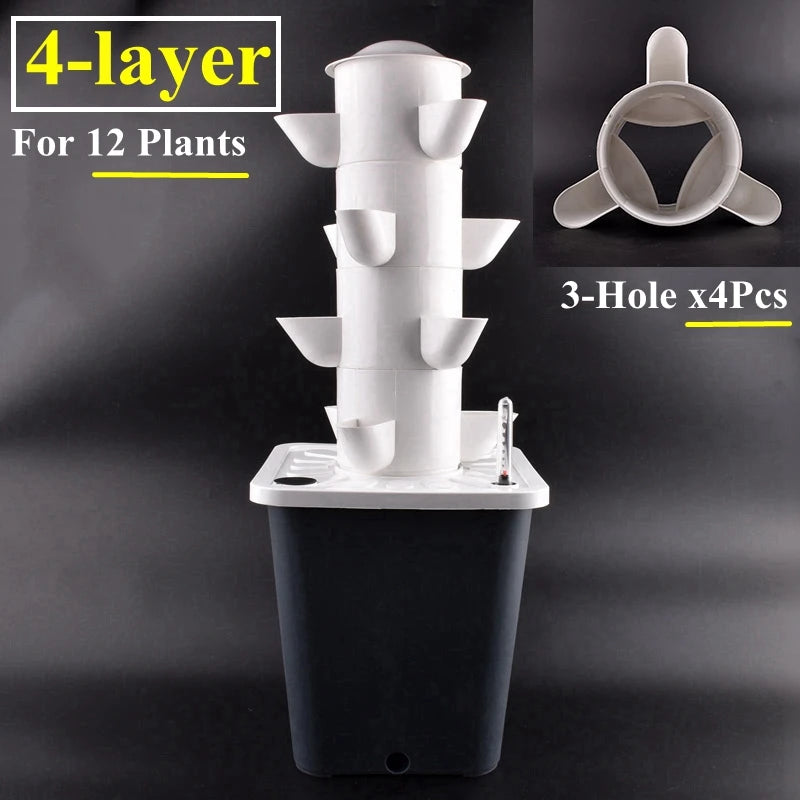 4-tier vertical hydroponic vegetable planter tower in white with multiple side planting cups and black base