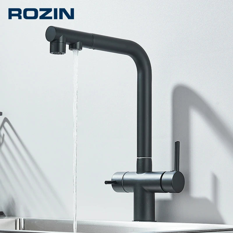 Black Water Purifier Kitchen Faucet 2 In 1 Pull Out Flexible Hot and Cold Water Mixer Tap with Filter Nozzle Faucets