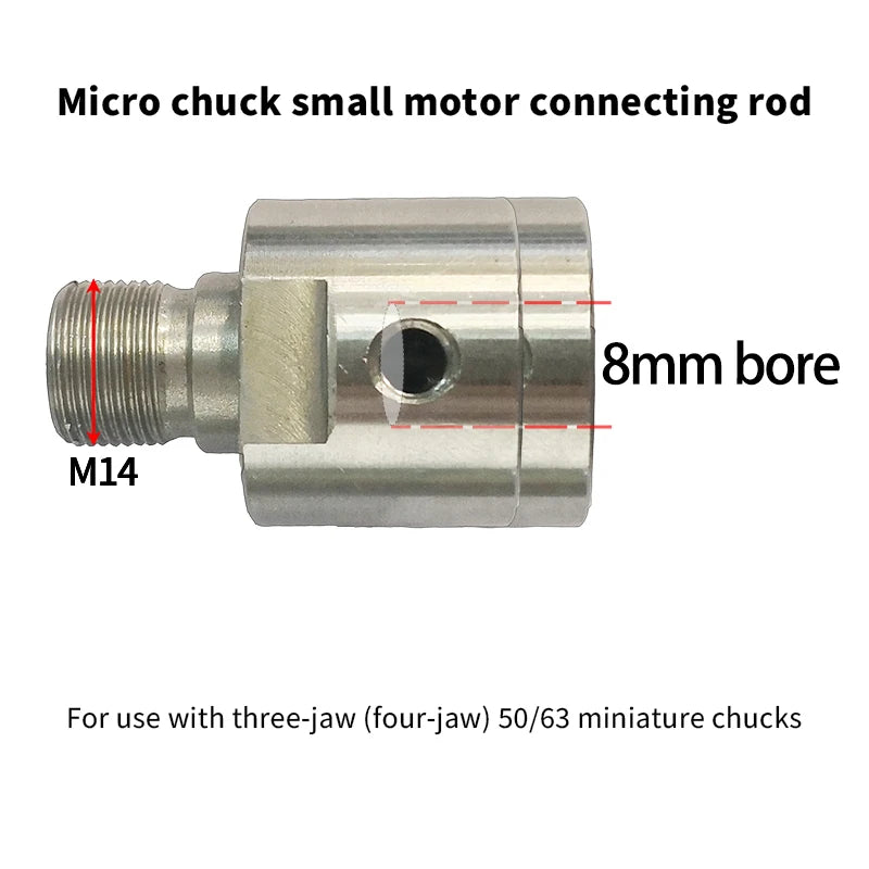 Micro chuck connecting rod, silver metal body with M14 stud and 8mm bore