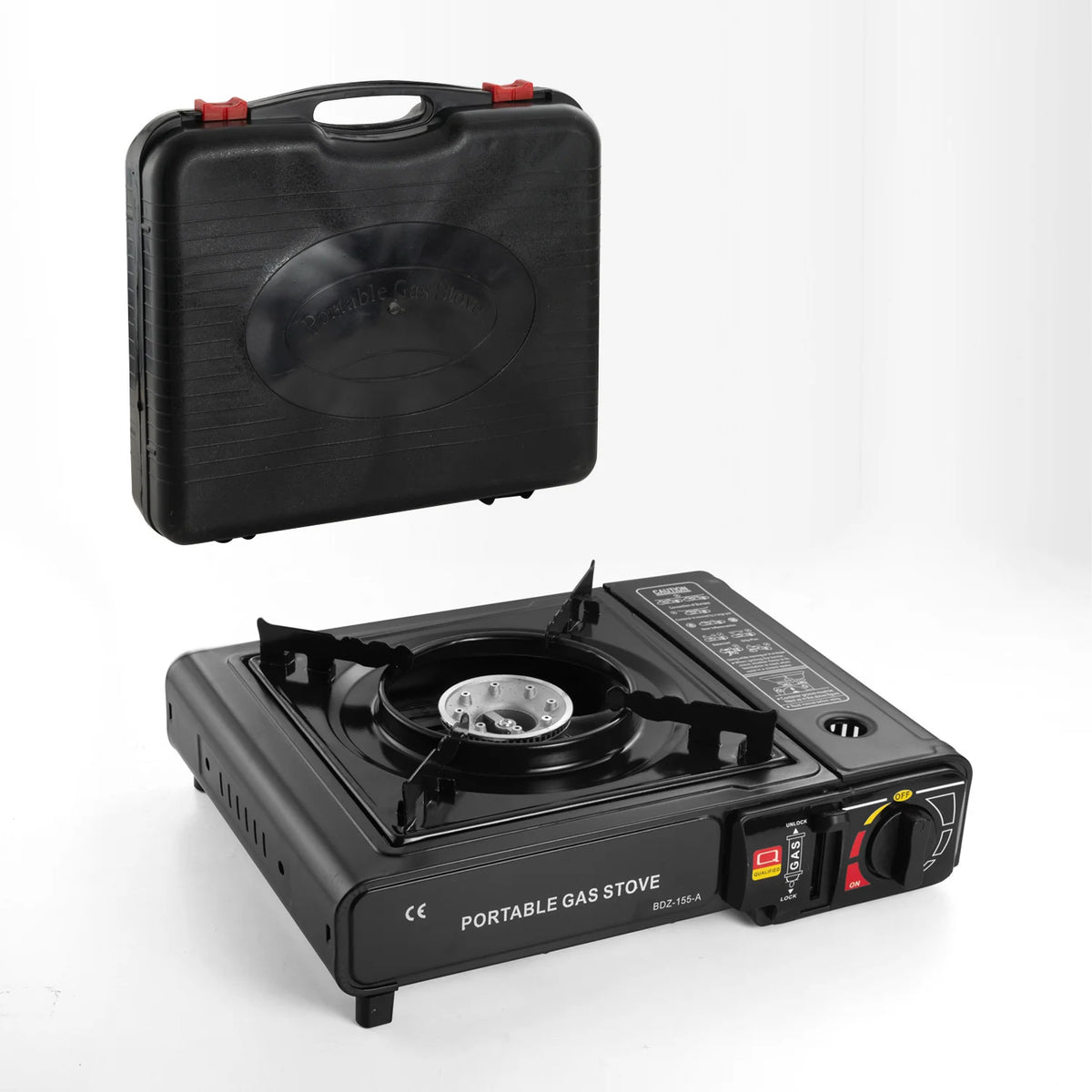Black portable cassette gas stove with carry handle and built-in control panel