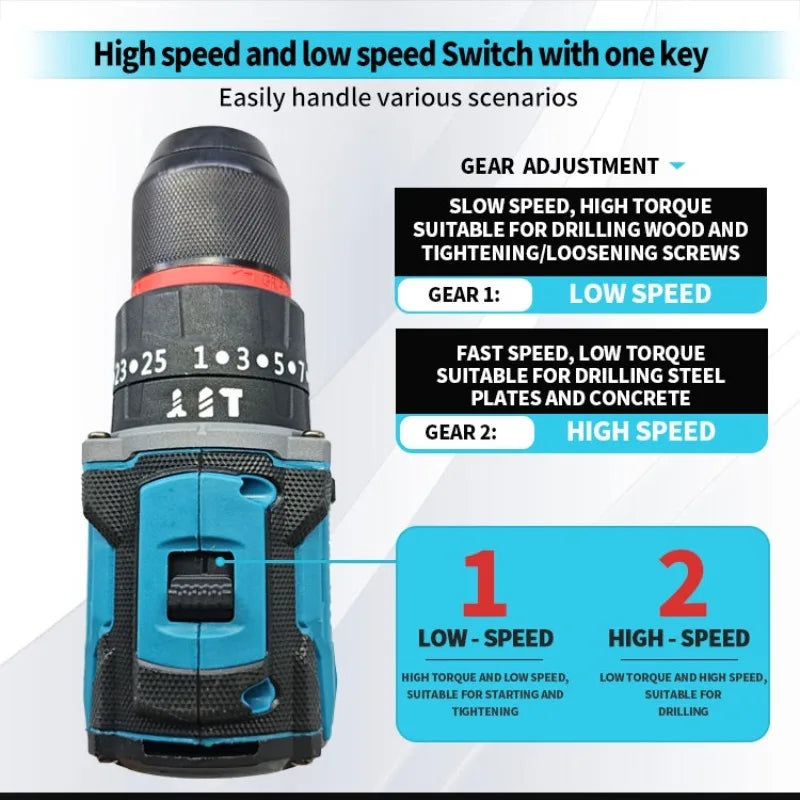 Mamidw Brushless Lithium Electric Drill 1850RPM High Speed Cordless Power Drill for Metal Wood Drilling Furniture Screw Fastening