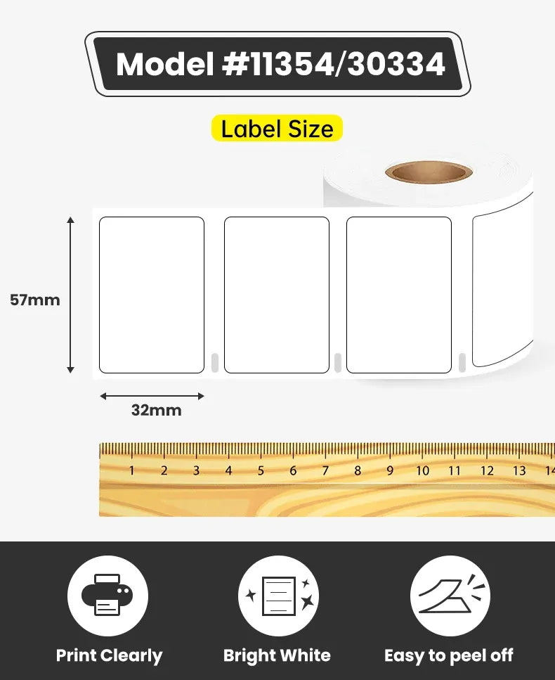 White label layout diagram showing 57mm x 32mm barcode label size on roll.