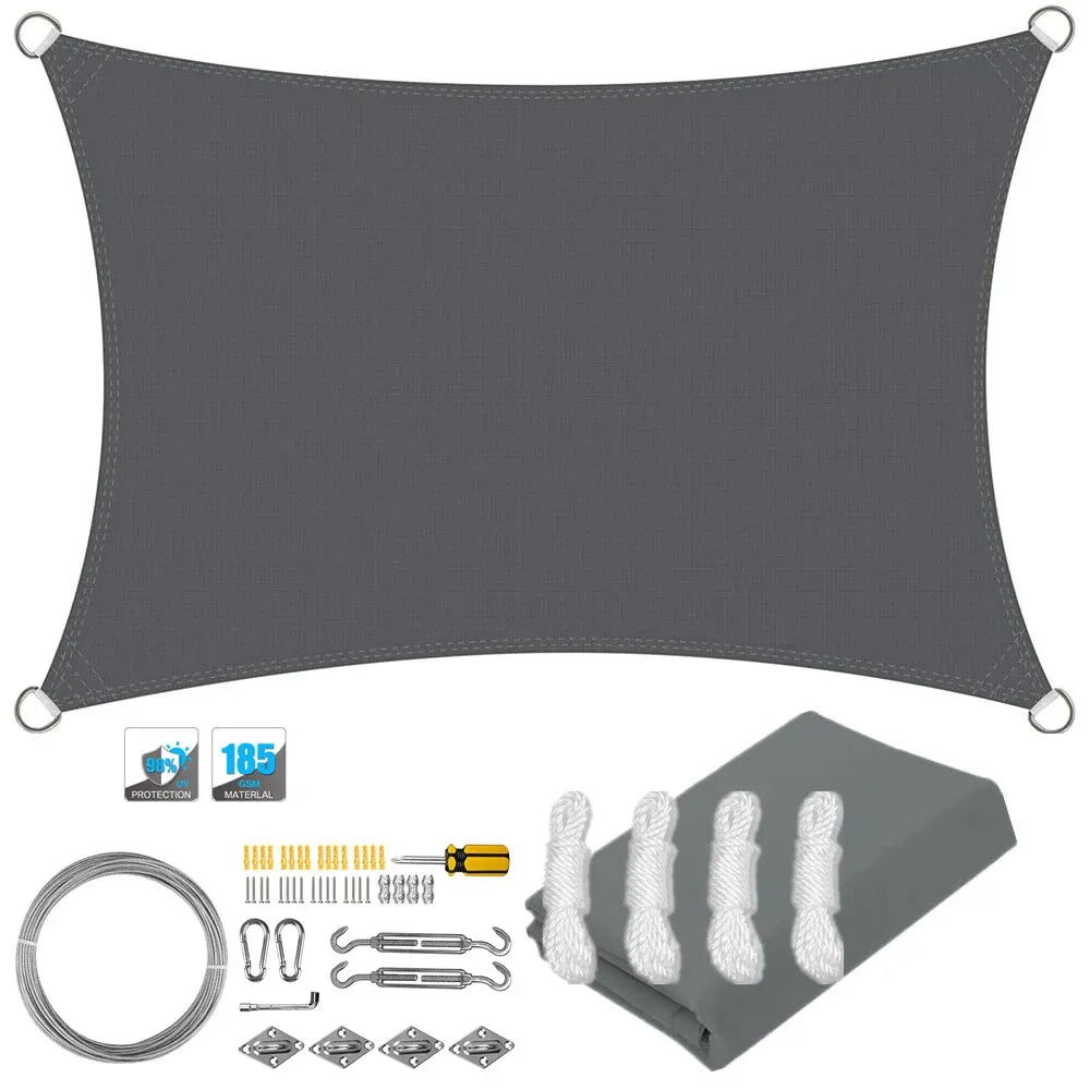 Rectangular waterproof shade sail canopy with corner grommets, dark gray; folded panel shown.