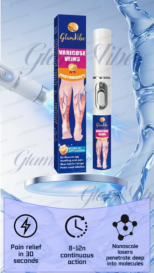 Varicose veins phototherapy pen: a sleek white handheld device for pain relief, with its box and feature icons.