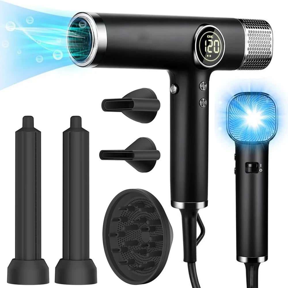 Black 1800W professional hair dryer with 5 attachments, negative ion tech, and digital display for salon styling.