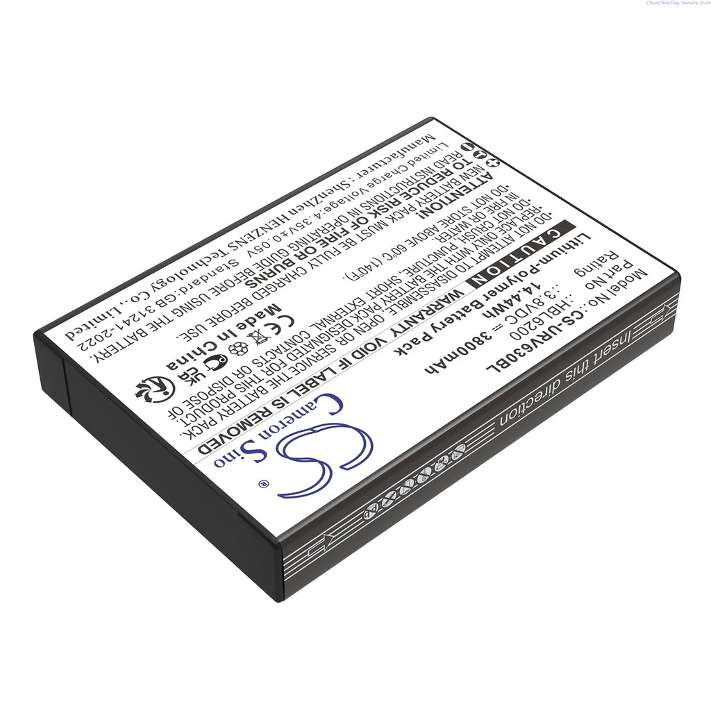 Barcode scanner battery pack with printed label and blue logo, rectangular black housing