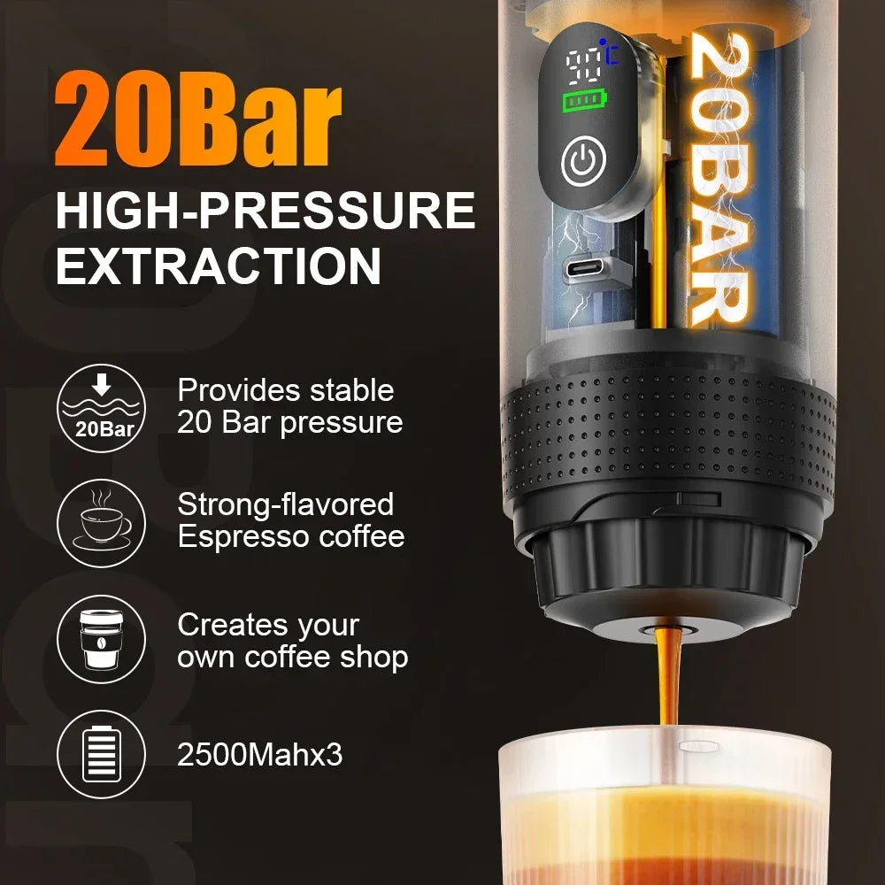 Portable 20-bar electric espresso maker, black handheld device with digital display and USB-C charging port.