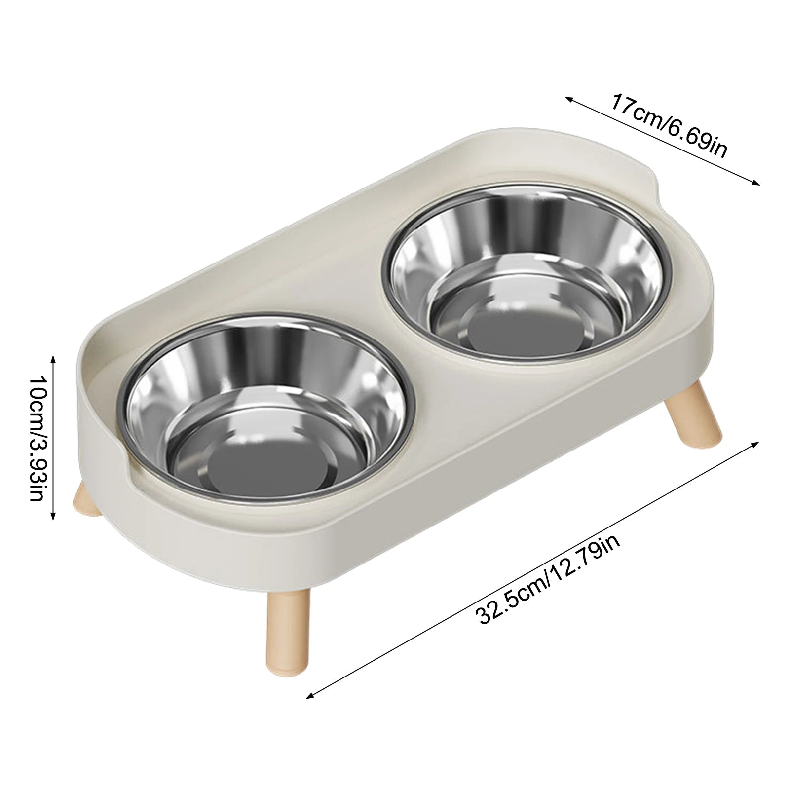 Elevated stainless steel dual pet bowl for cats and dogs. Anti-slip, cervical neck-protecting feeder in beige.