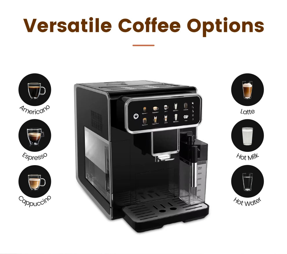 Black automatic espresso machine with touchscreen and detachable milk frother for versatile coffee drinks.