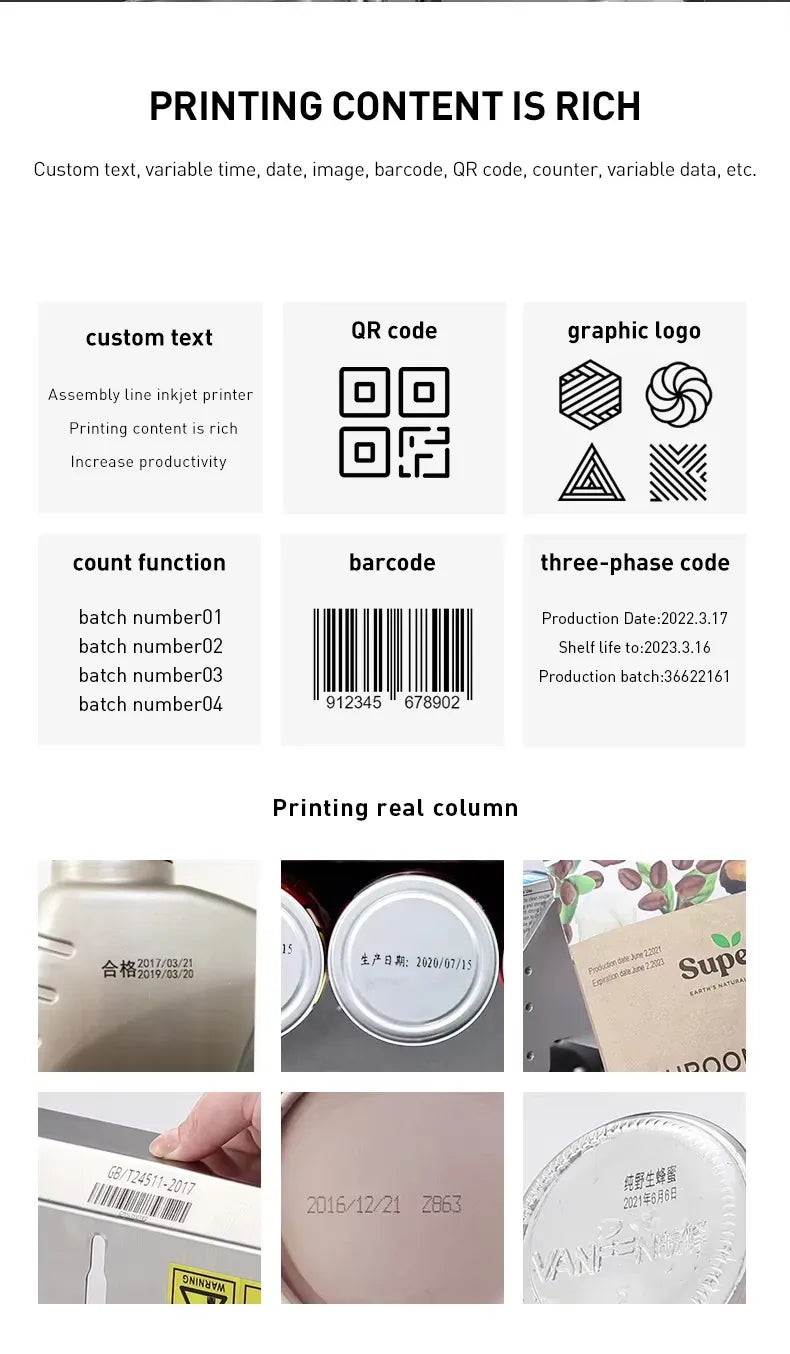 Inkjet coding printer showing rich print content: text, QR code, barcode, and codes