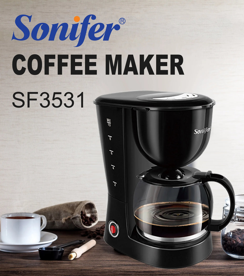 Sonifer SF3531 10-cup black plastic drip coffee maker with glass carafe and red power switch on wooden table.