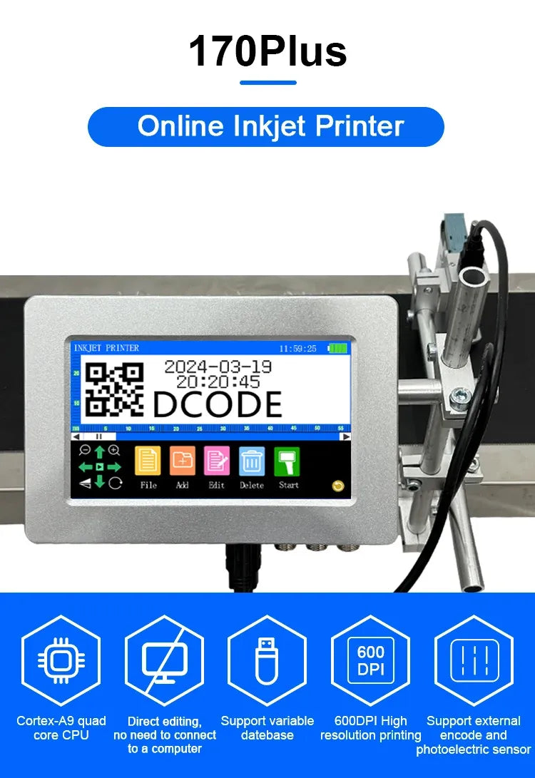 170Plus online inkjet printer front view with touchscreen showing QR code