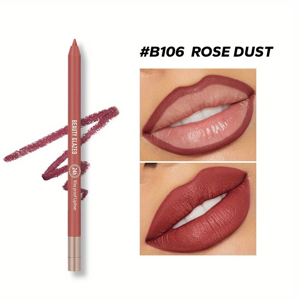 Beauty Glazed Rose Dust waterproof matte lip liner pencil with swatch and full-coverage lip application demo.