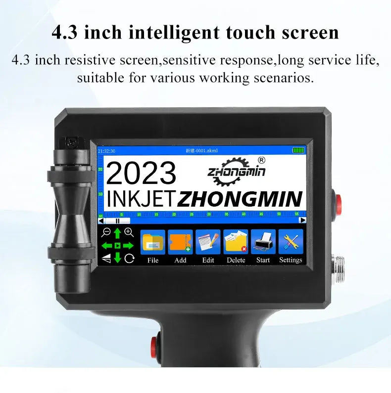 Handheld inkjet printer close-up with touchscreen displaying 2023 and code preview