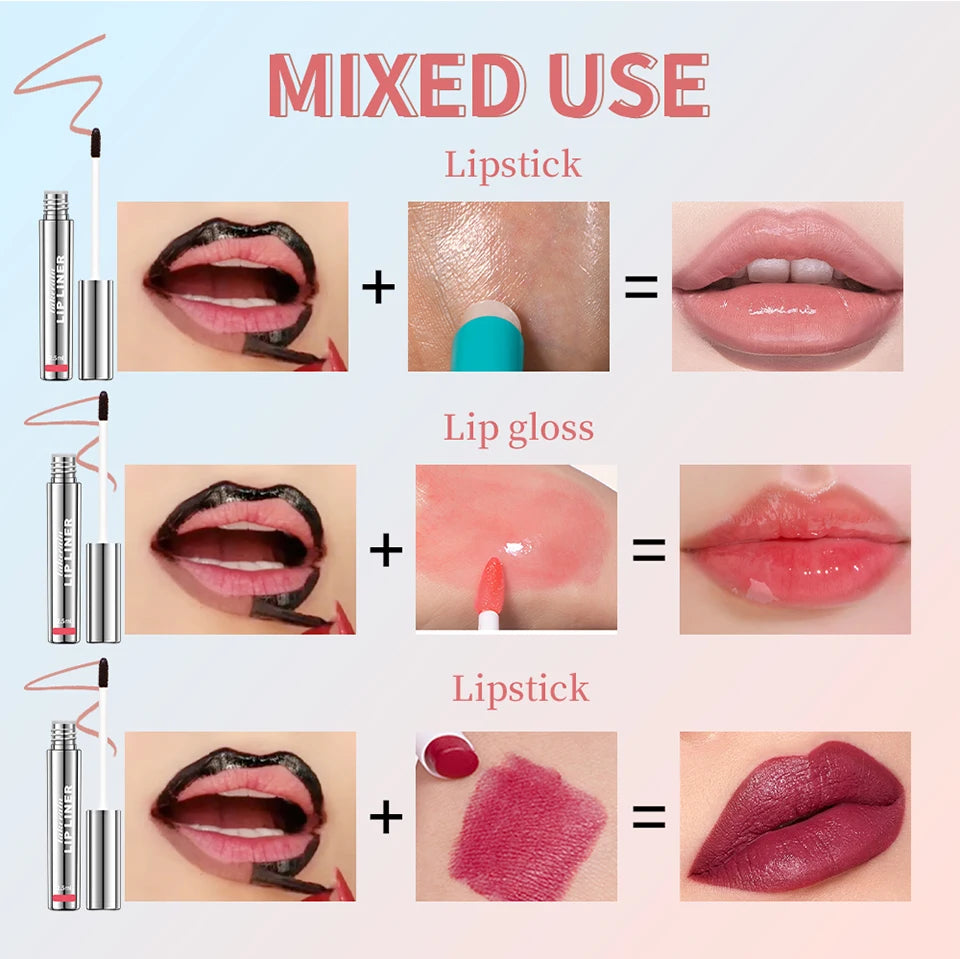 Waterproof peel-off lip liner tattoo mixed with lipstick and gloss for long-lasting, defined, moisturized lips.