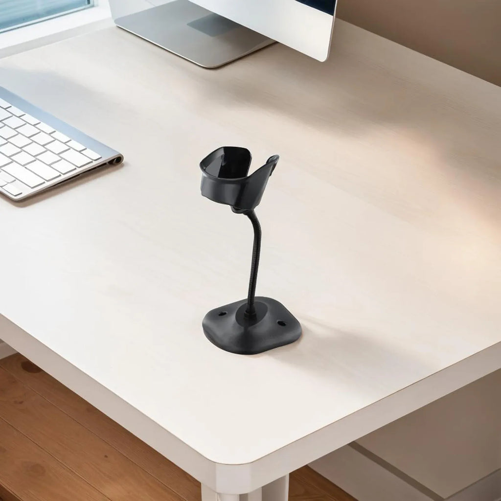 Adjustable barcode scanner bracket stand with cradle mount on workstation, black