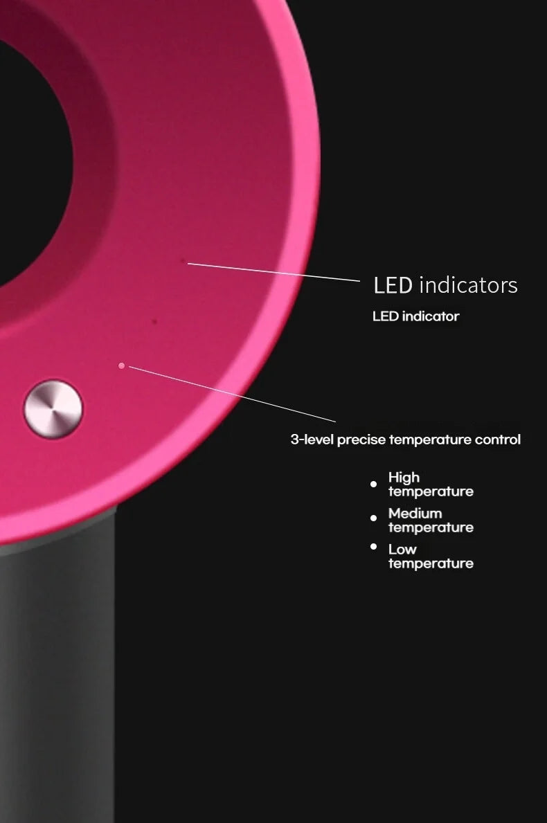 Pink high-speed bladeless hair dryer with LED indicators and 3-level precise temperature control for professional hair.