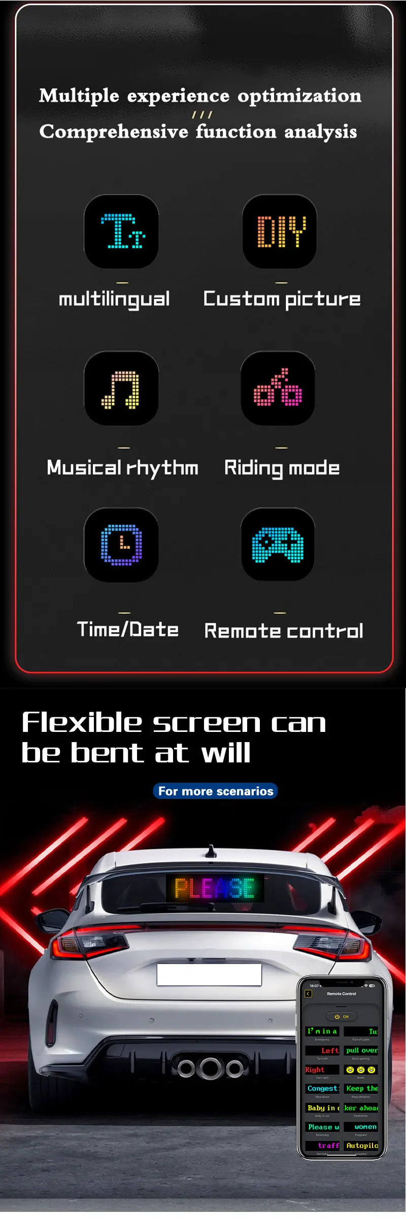 Car LED Matrix Pixel Panel 16x64 - Customizable RGB Scrolling Text Display Tidesmit