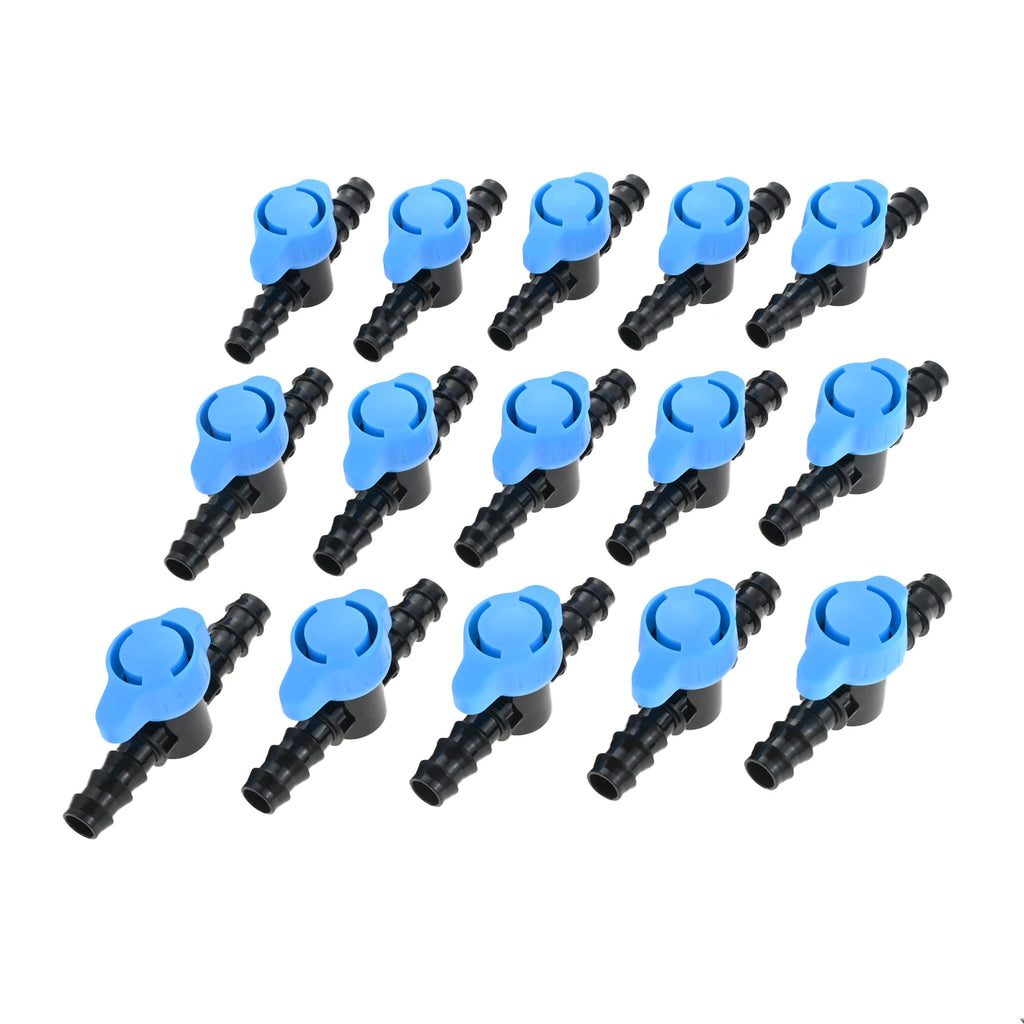 Plastic drip irrigation shut off valves with blue heads and black barbed connectors, set of 15