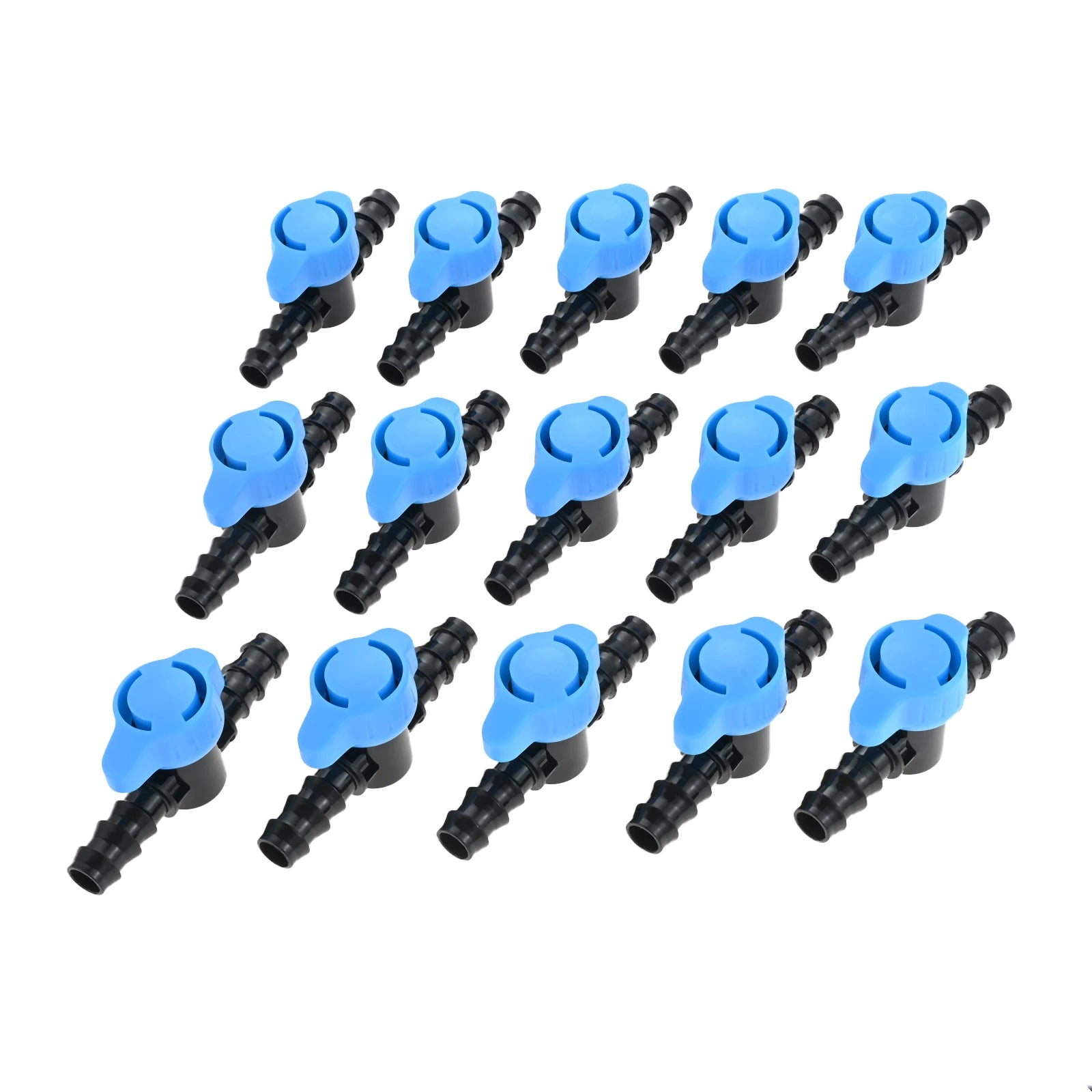 Plastic drip irrigation shut off valves with blue heads and black barbed connectors, set of 15