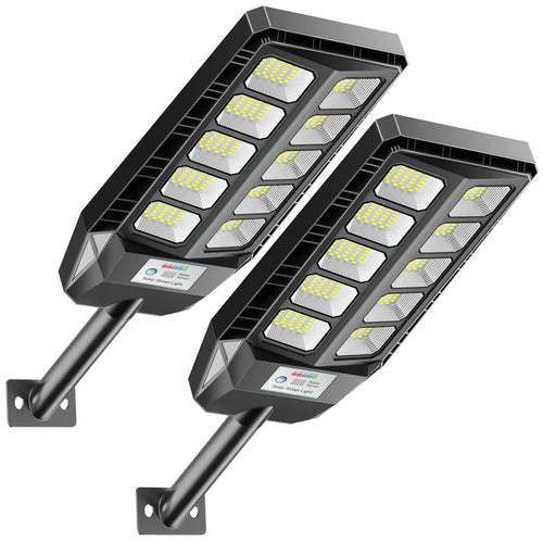 2-pack solar street flood lights with angled wall mounts and LED panel heads