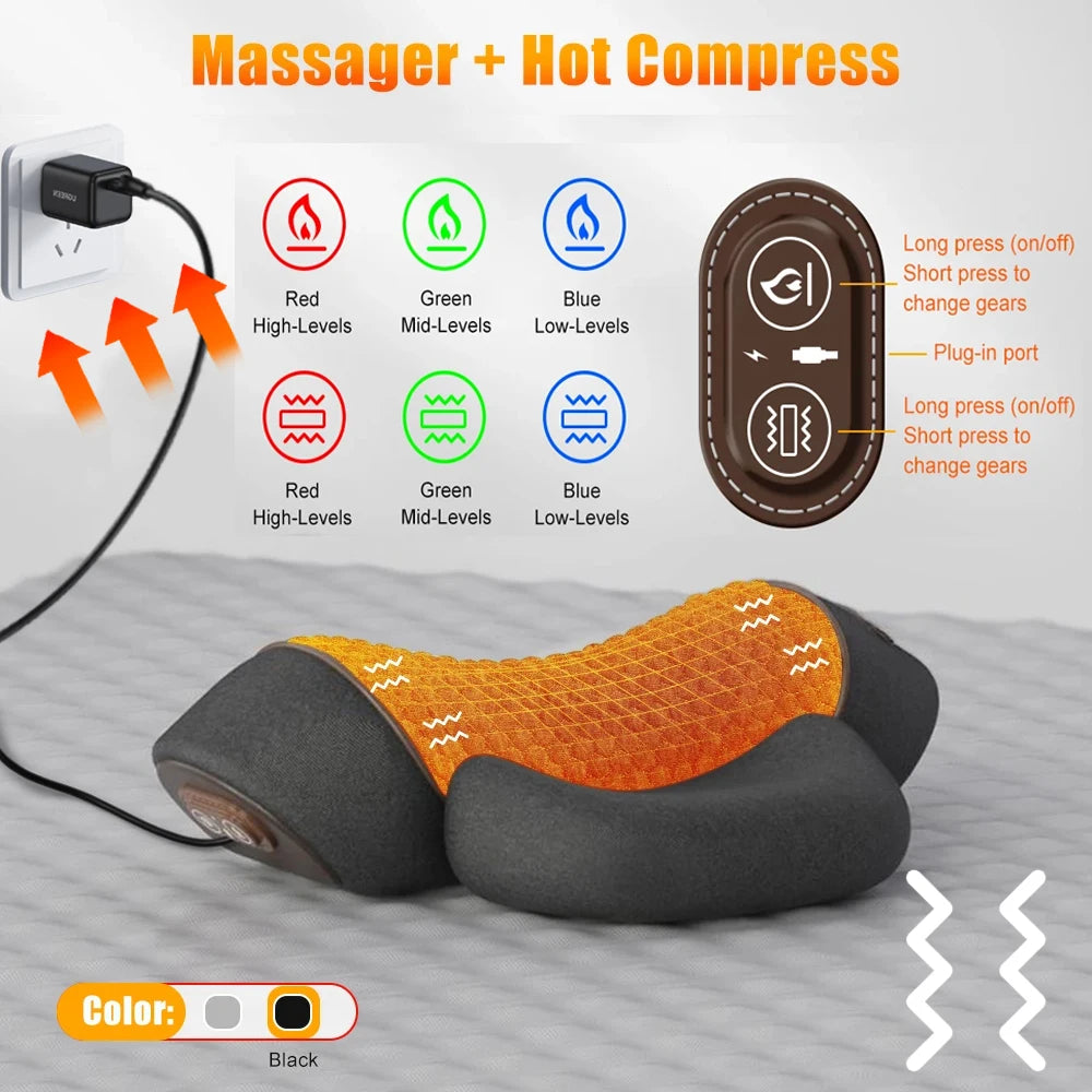 Electric Neck Massage Pillow with Heat Therapy and Vibration - Tidesmit Massage Cushion Hot-Massage-Black Tidesmit