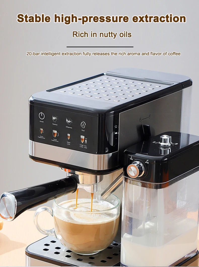 Black 20-bar espresso machine with milk frother and digital touch control panel pouring coffee into a glass cup.