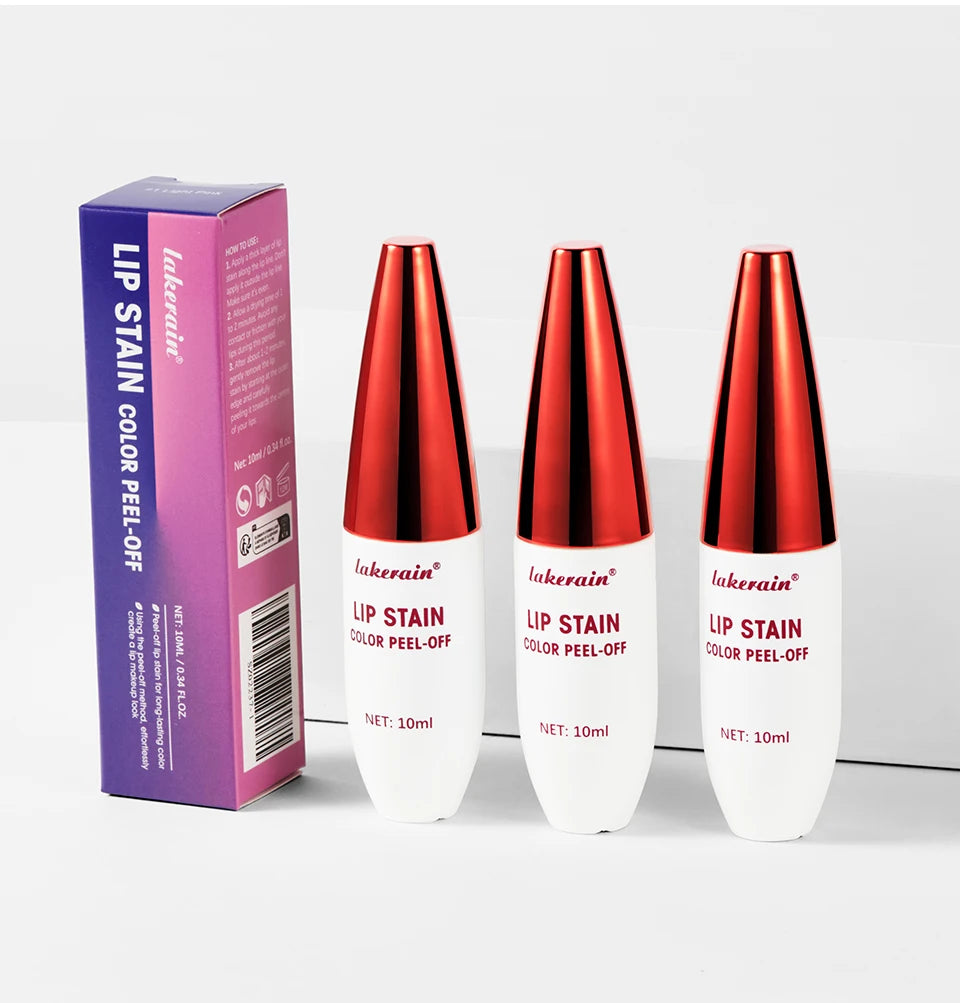 Lakerain long-lasting waterproof peel-off lip stain tubes with shiny red caps and white packaging for matte lip makeup.
