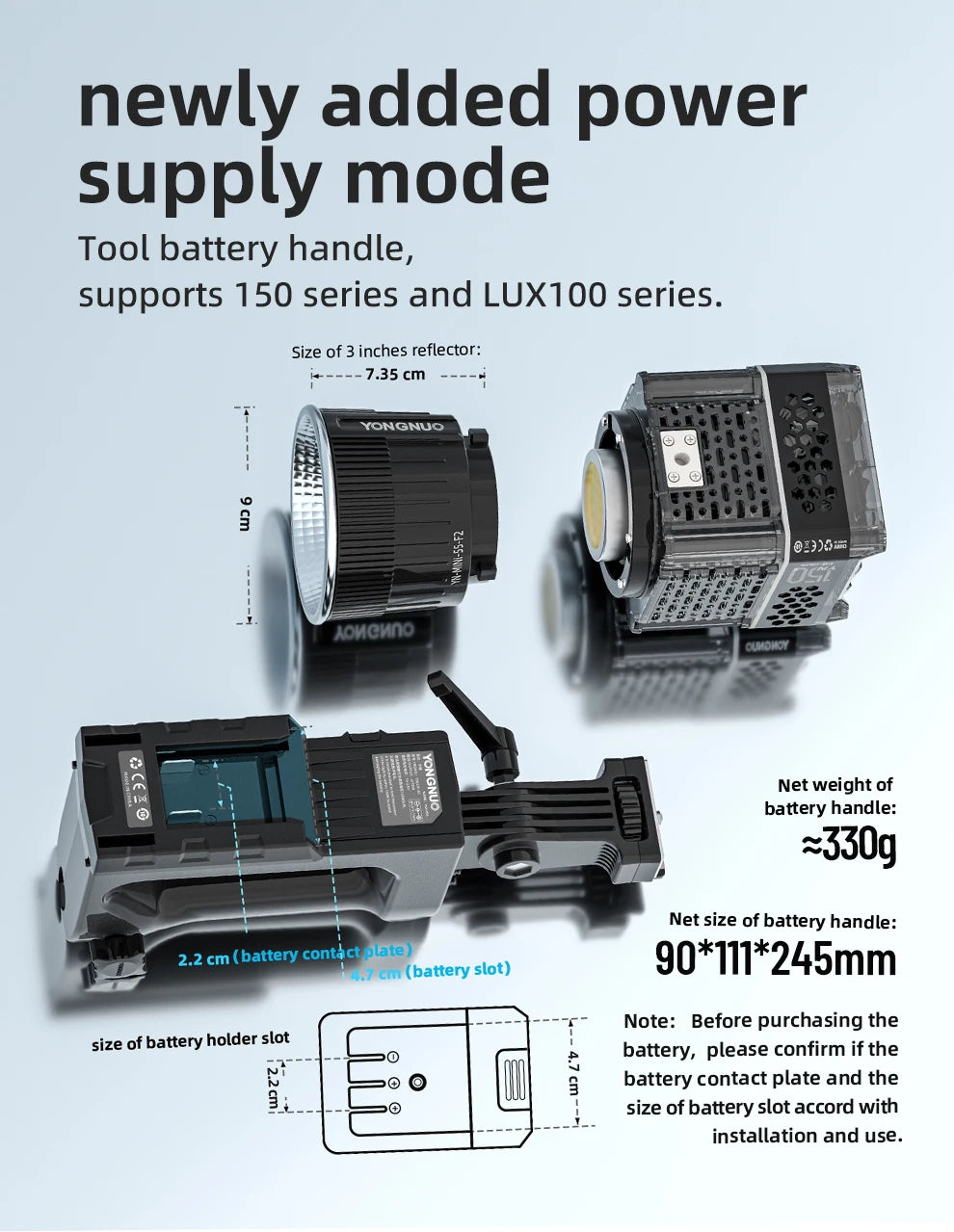 Black tool battery handle for photography lights, featuring slots for 150 and LUX100 series batteries.