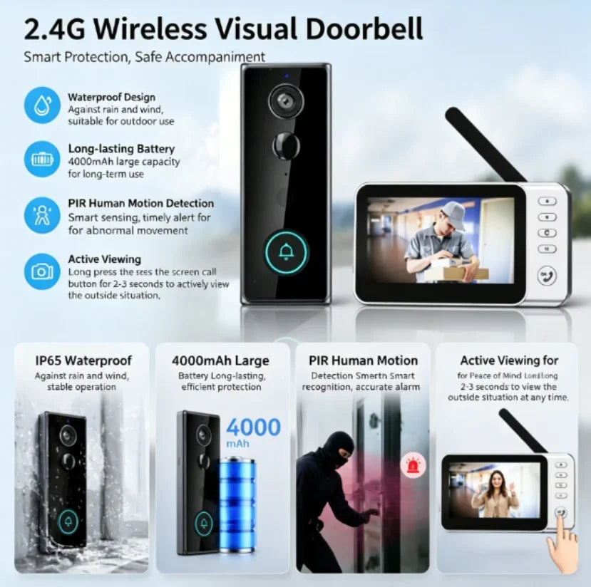 New Waterproof Wireless Doorbell Camera 4.3in IPS Screen Active Wake-Up Video Intercom Doorbell 1080P Home Security Door Bell