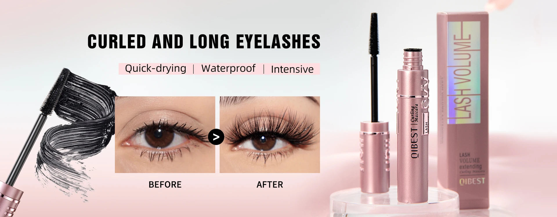 QIBEST waterproof mascara for long, curled lashes. Features before-and-after results, quick-dry formula, and pink packaging.